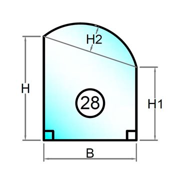 4 mm float glas facon firkant med rund top faldende mod højre - Model 28